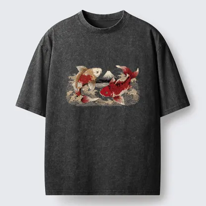 Tokyo‑Tiger Koi And Mount Fuji Washed T-Shirt