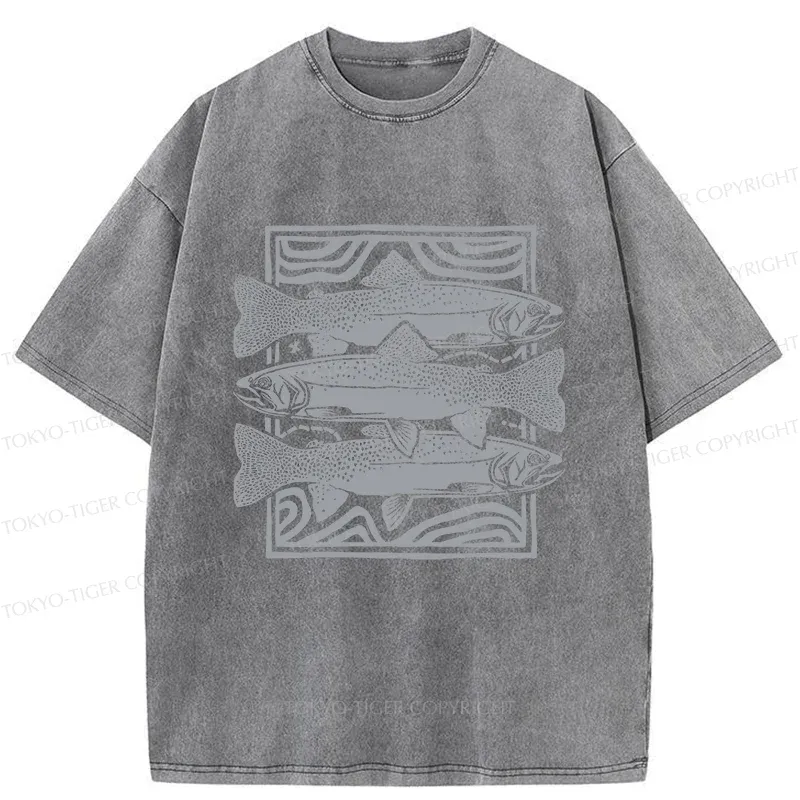 Tokyo-Tiger Big Fish Woodcut Washed T-Shirt