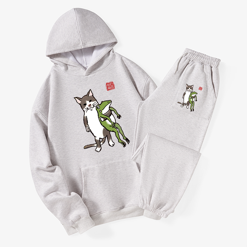 Tokyo-Tiger Cat Holding A Frog Fleece Lined Hoodie Set