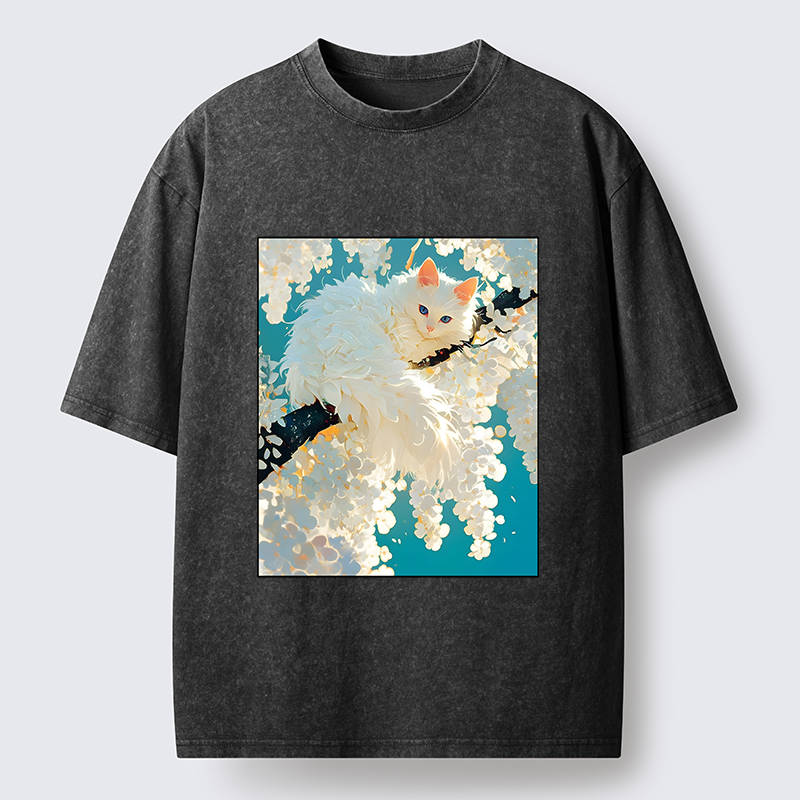Tokyo‑Tiger Beautiful White Cat Art Washed T-Shirt