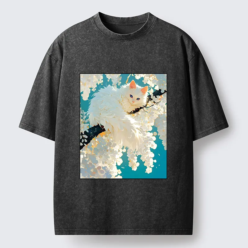 Tokyo‑Tiger Beautiful White Cat Art Washed T-Shirt