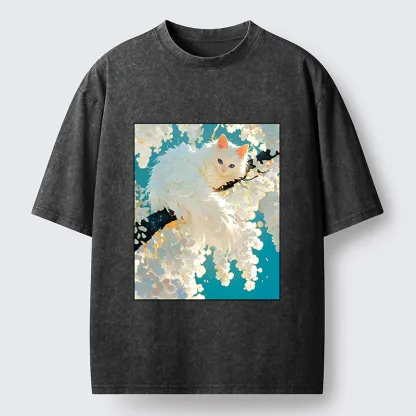 Tokyo‑Tiger Beautiful White Cat Art Washed T-Shirt