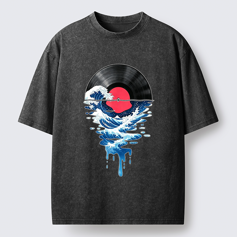 Tokyo‑Tiger Vinyl Records And Waves Washed T-Shirt