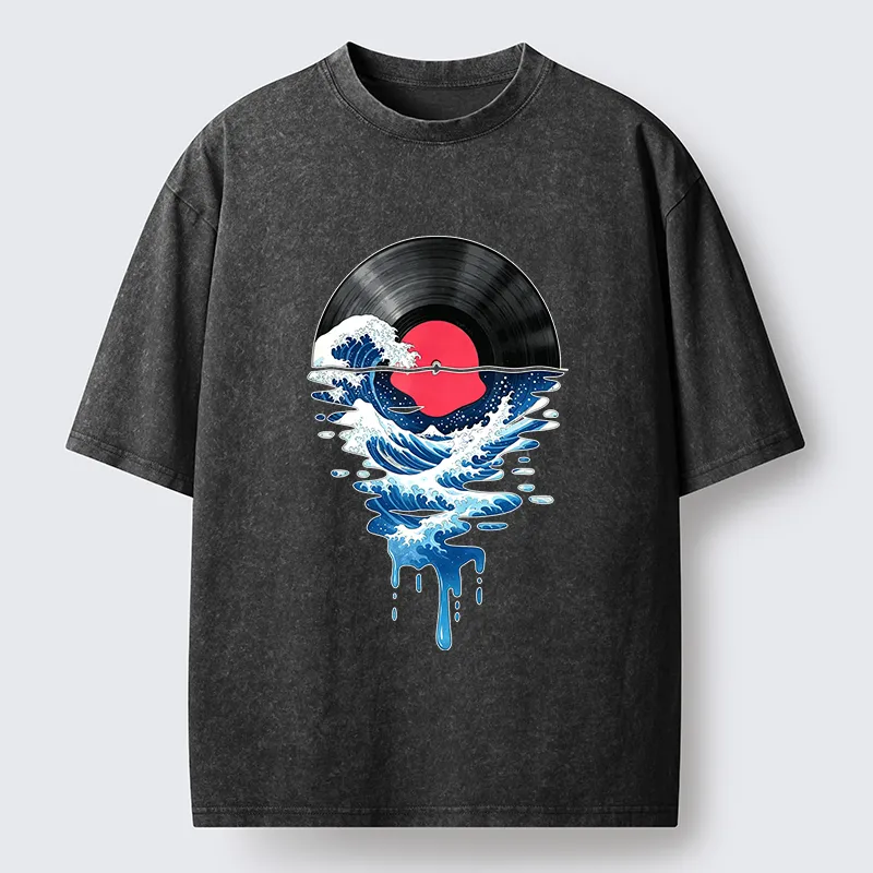 Tokyo‑Tiger Vinyl Records And Waves Washed T-Shirt
