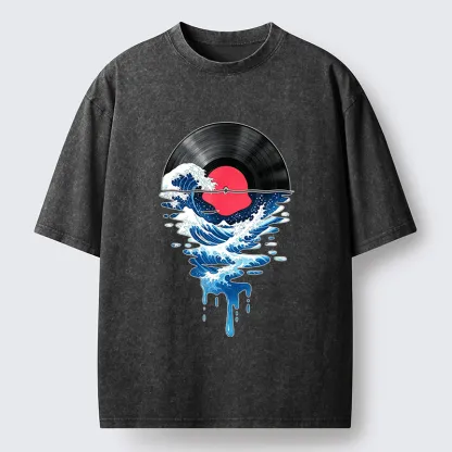 Tokyo‑Tiger Vinyl Records And Waves Washed T-Shirt