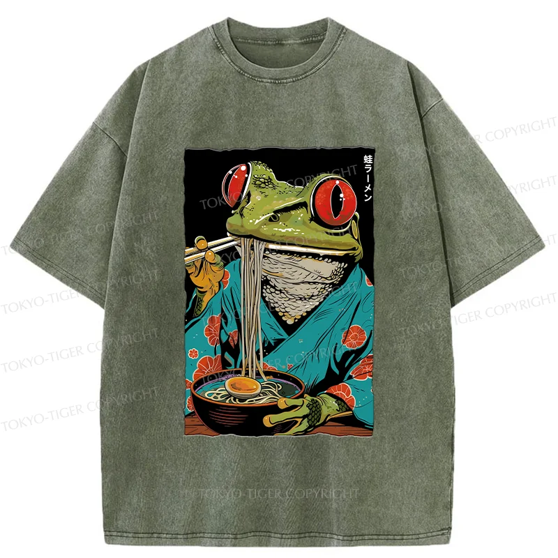 Tokyo-Tiger Frog Monster Eating Ramen Washed T-Shirt
