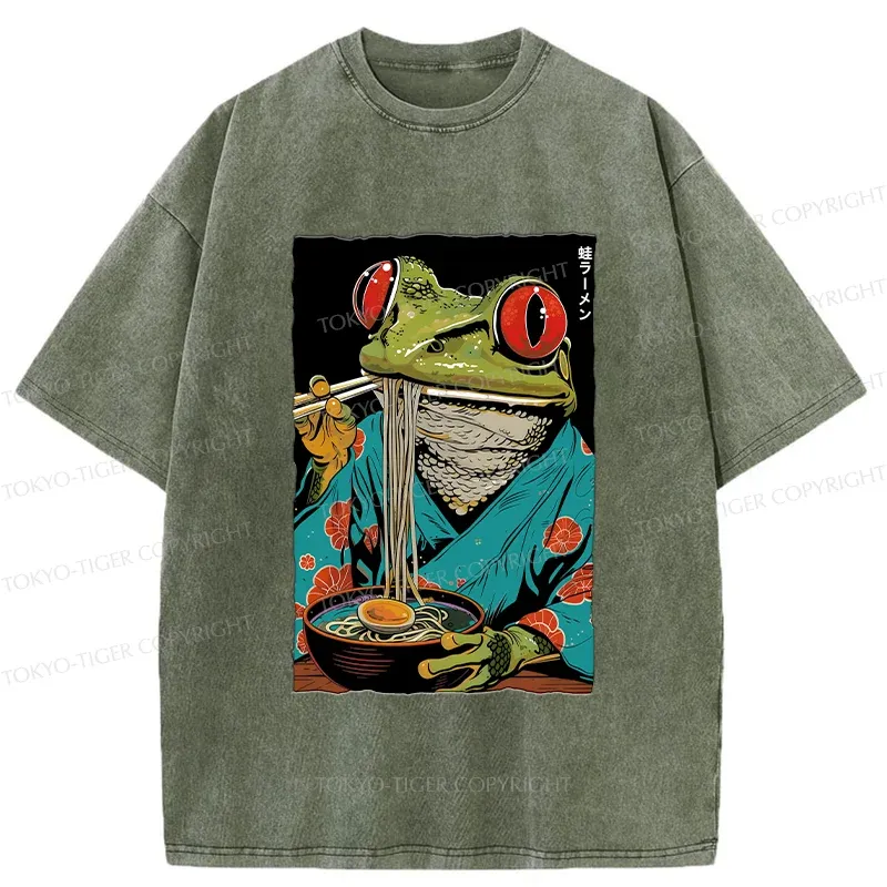 Tokyo-Tiger Frog Monster Eating Ramen Washed T-Shirt