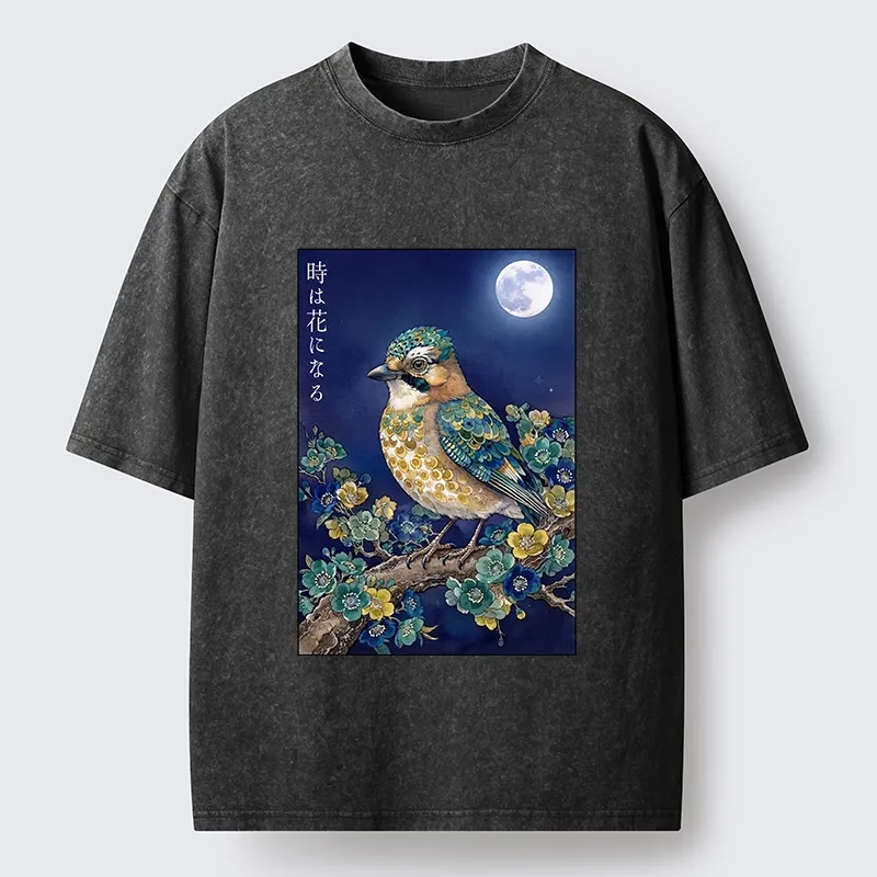 Tokyo-Tiger Moon Bird Floral Retro Art Washed T-Shirt