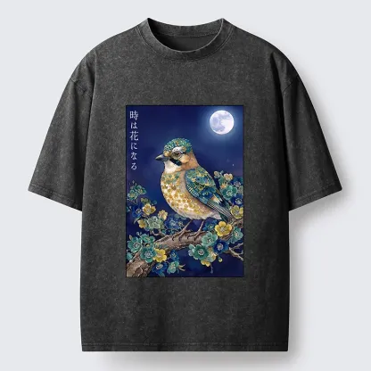 Tokyo-Tiger Moon Bird Floral Retro Art Washed T-Shirt