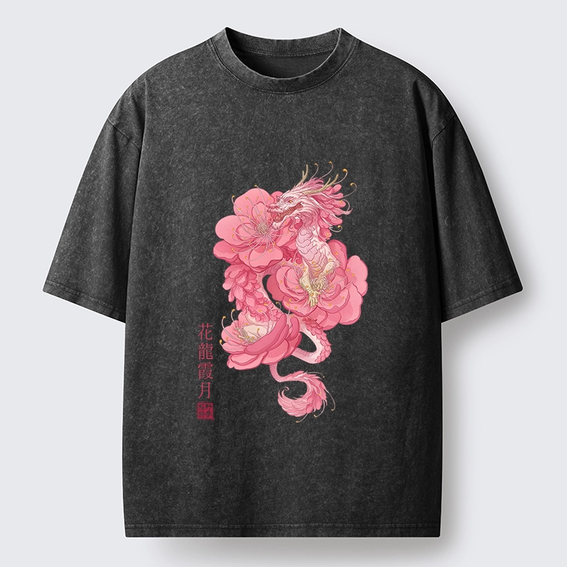 Tokyo-Tiger Pink Flower Dragon Washed T-Shirt