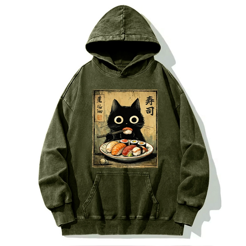 Tokyo-Tiger Vintage Japanese Sushi Cat Washed Hoodie