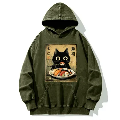 Tokyo-Tiger Vintage Japanese Sushi Cat Washed Hoodie