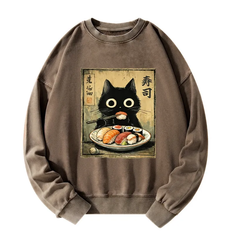 Tokyo-Tiger Vintage Japanese Sushi Cat Washed Sweatshirt