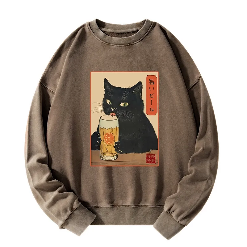 Tokyo-Tiger Cat Holding A Glass Of Beer Washed Sweatshirt