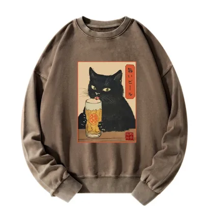 Tokyo-Tiger Cat Holding A Glass Of Beer Washed Sweatshirt