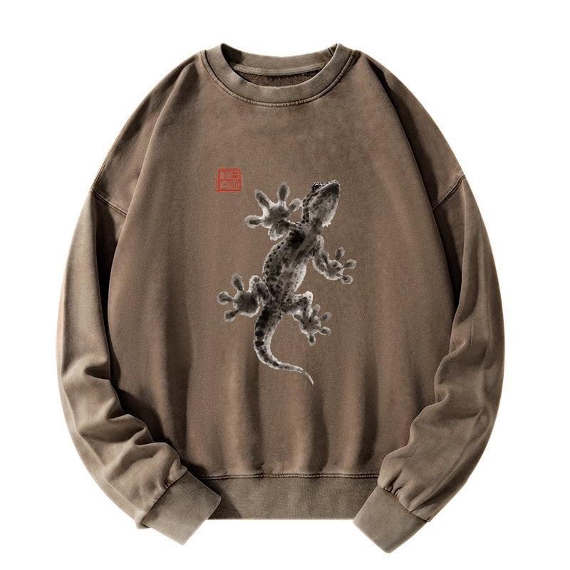 Tokyo-Tiger Minimal Asian Ink Brush Gecko Vibe Washed Sweatshirt