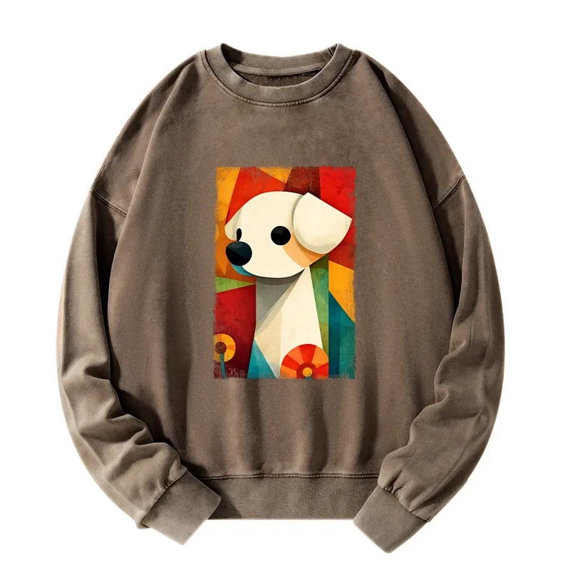 Tokyo-Tiger Retro Abstract Color Block Puppy Art Washed Sweatshirt