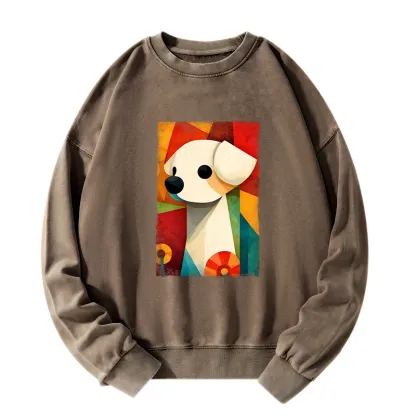 Tokyo-Tiger Retro Abstract Color Block Puppy Art Washed Sweatshirt