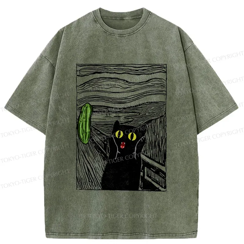 Tokyo-Tiger Cat Afraid Of Cucumbers Washed T-Shirt