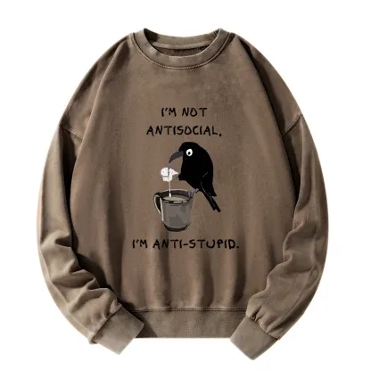 Tokyo-Tiger Cool Crow Sips Calm Coffee Alone Washed Sweatshirt