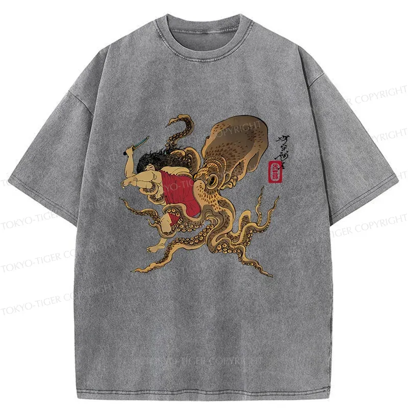 Tokyo-Tiger Man And Octopus Fighting Washed T-Shirt