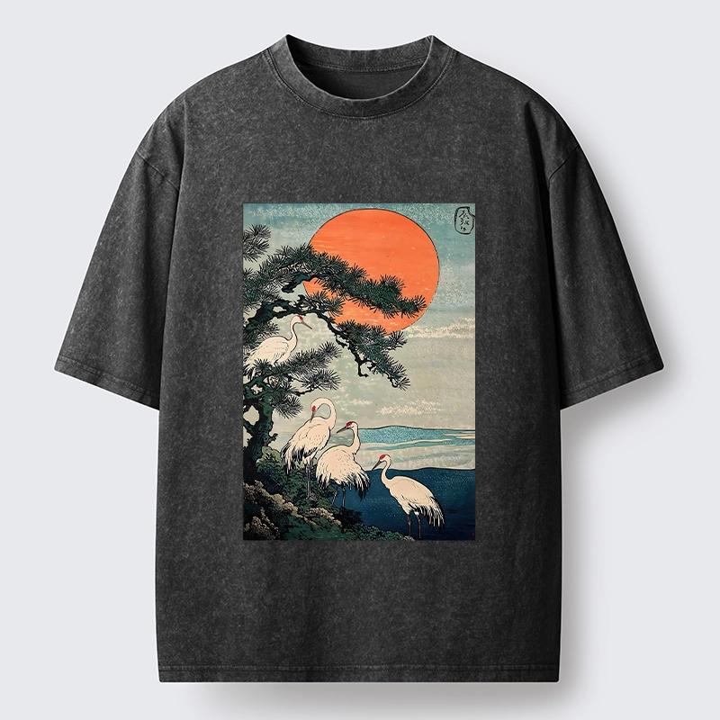 Tokyo‑Tiger Pine Crane Sunrise Washed T‑Shirt