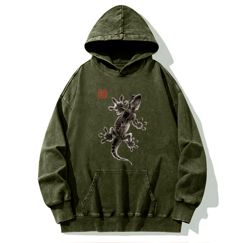 Tokyo-Tiger Minimal Asian Ink Brush Gecko Vibe Washed Hoodie