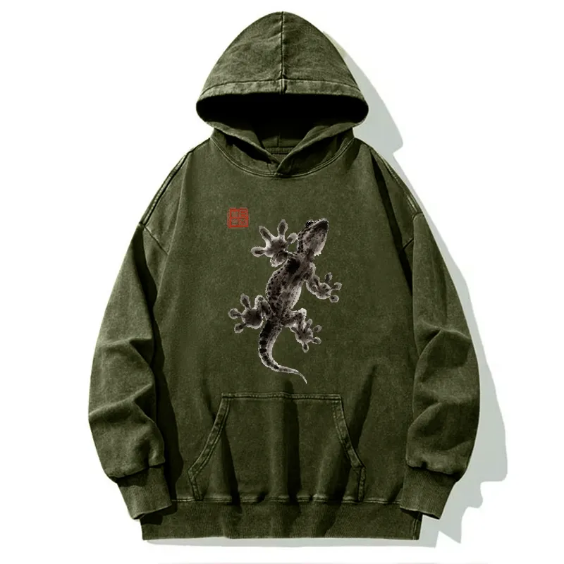 Tokyo-Tiger Minimal Asian Ink Brush Gecko Vibe Washed Hoodie