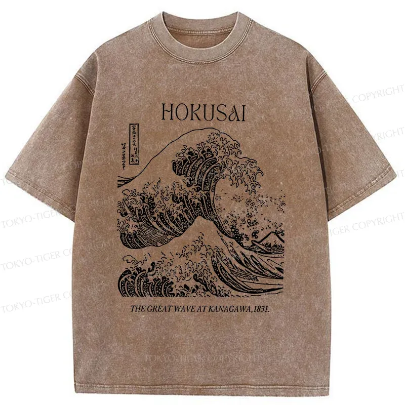 Tokyo-Tiger Retro Ukiyo-e Waves Washed T-Shirt