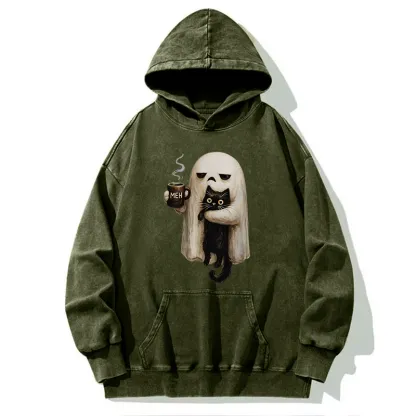 Tokyo-Tiger Ghost Cat Coffee Mood Washed Hoodie