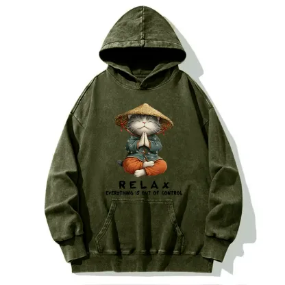 Tokyo-Tiger Zen Relax Cat Graphic Washed Hoodie
