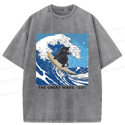 Tokyo-Tiger Cat Surfing Funny Washed T-Shirt