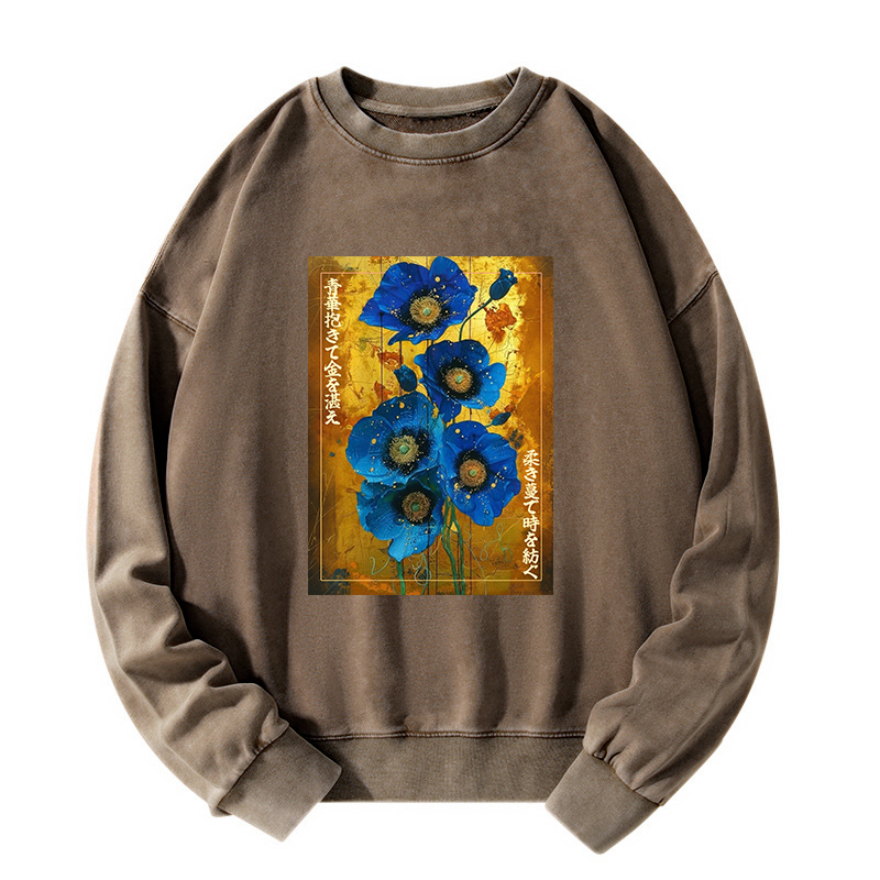 Tokyo-Tiger Shiny Blue Flower Warm Golden Background Washed Sweatshirt