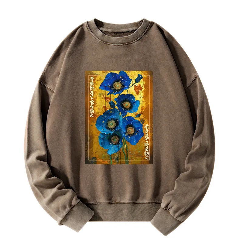 Tokyo-Tiger Shiny Blue Flower Warm Golden Background Washed Sweatshirt