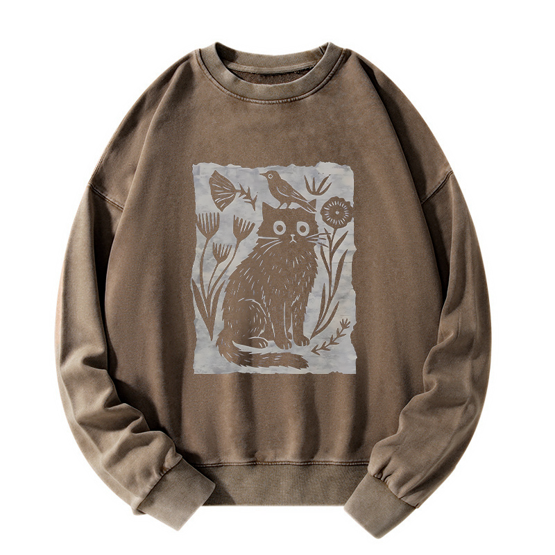Tokyo-Tiger Folk Paper Cut Cat Bird Floral Art Washed Sweatshirt