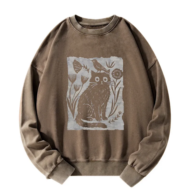 Tokyo-Tiger Folk Paper Cut Cat Bird Floral Art Washed Sweatshirt