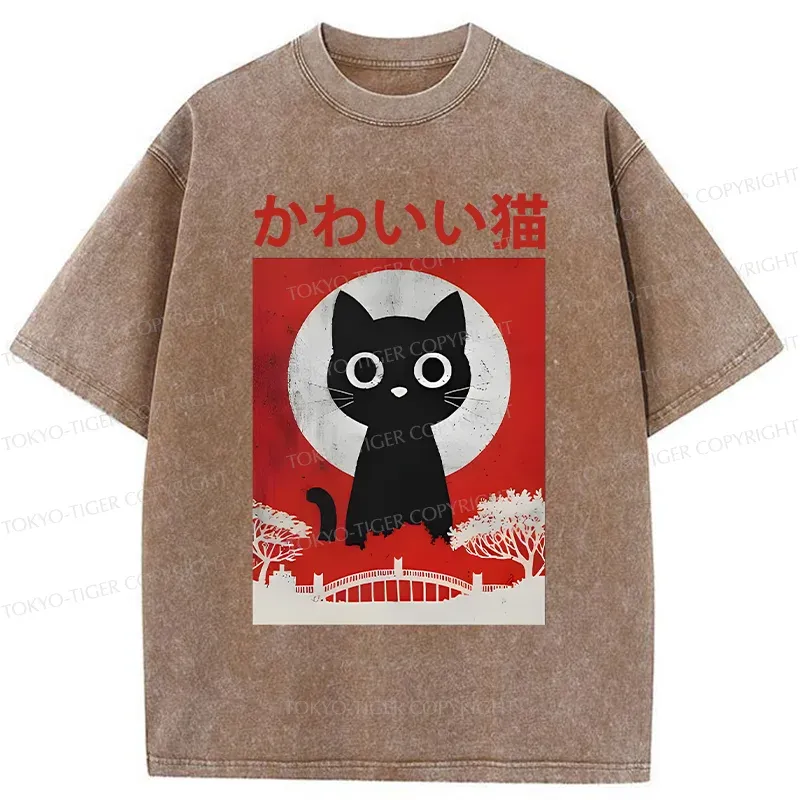 Tokyo-Tiger Cute Retro Cat Washed T-Shirt
