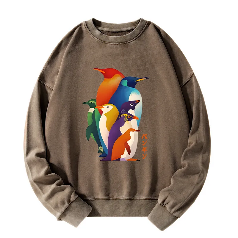 Tokyo-Tiger Cute Multi Tone Penguins Washed Sweatshirt