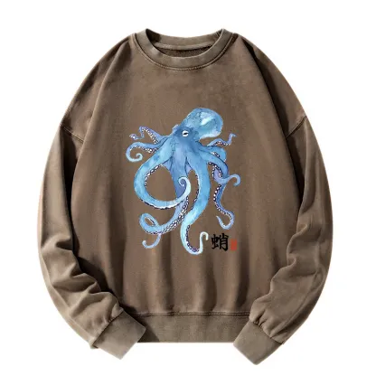 Tokyo-Tiger Watercolor Blue Octopus Washed Sweatshirt