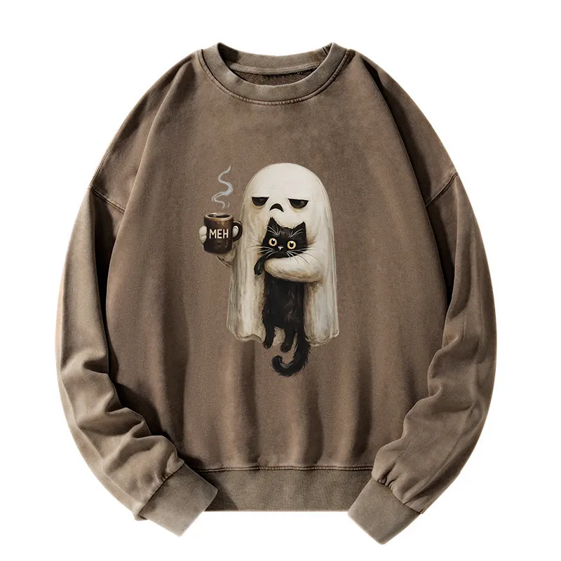 Tokyo-Tiger Ghost Cat Coffee Mood Washed Sweatshirt