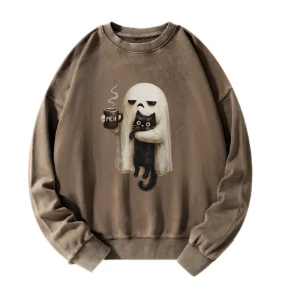 Tokyo-Tiger Ghost Cat Coffee Mood Washed Sweatshirt