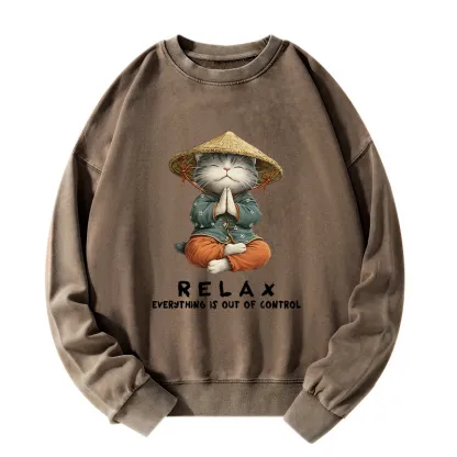 Tokyo-Tiger Zen Relax Cat Graphic Washed Sweatshirt