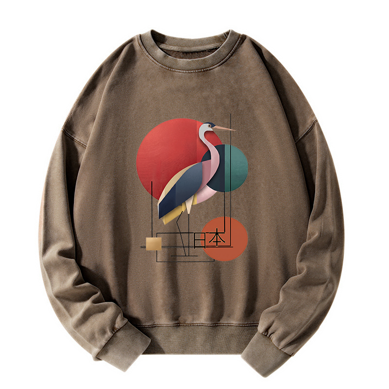 Tokyo-Tiger Geometric Crane Art Washed Sweatshirt