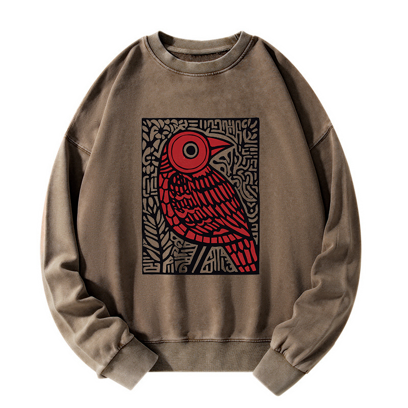 Tokyo-Tiger Retro Woodblock Bird Washed Sweatshirt
