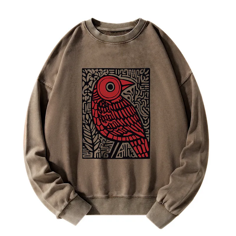 Tokyo-Tiger Retro Woodblock Bird Washed Sweatshirt