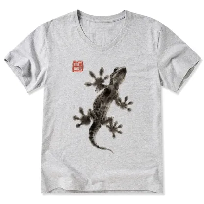 Tokyo-Tiger Minimal Asian Ink Brush Gecko Vibe V-Neck Classic T-Shirt