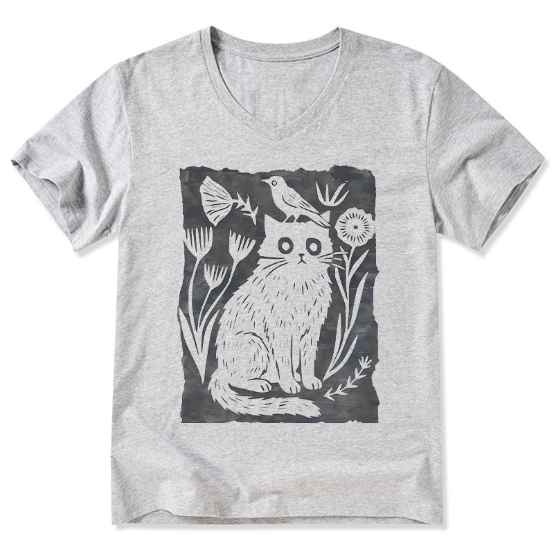 Tokyo-Tiger Folk Paper Cut Cat Bird Floral Art V-Neck Classic T-Shirt