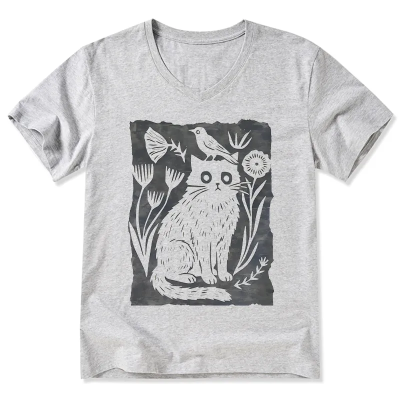 Tokyo-Tiger Folk Paper Cut Cat Bird Floral Art V-Neck Classic T-Shirt