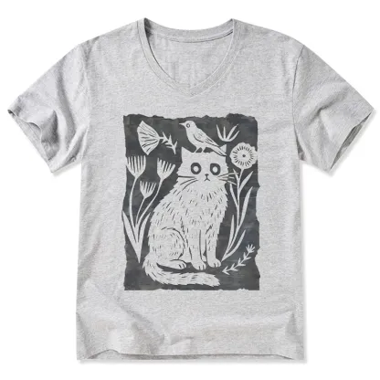 Tokyo-Tiger Folk Paper Cut Cat Bird Floral Art V-Neck Classic T-Shirt