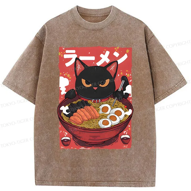 Tokyo-Tiger Black Cat Eating Ramen Washed T-Shirt